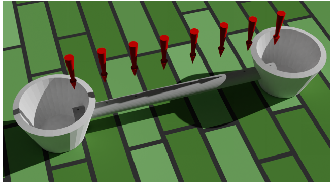 Representación tridimensional de una barra de aluminio entre dos reservorios y ocho sensores térmicos