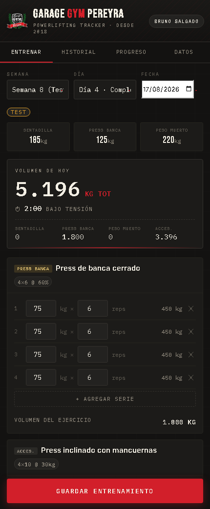 Pantalla Entrenar: el día de la rutina con las series previstas ya cargadas y el volumen del día.
