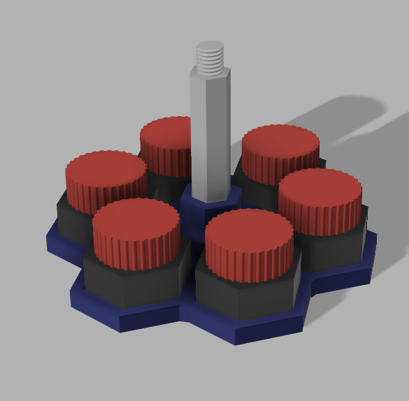 Render de seis potes roscados para pintura organizados alrededor de un soporte central