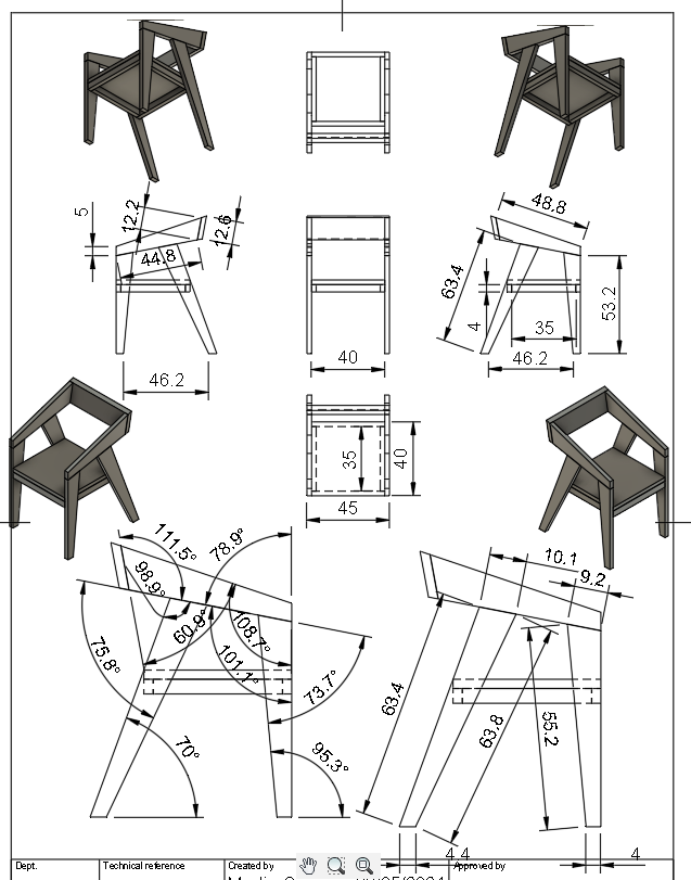 Plano técnico acotado de una silla de jardín diseñada para fabricación en carpintería