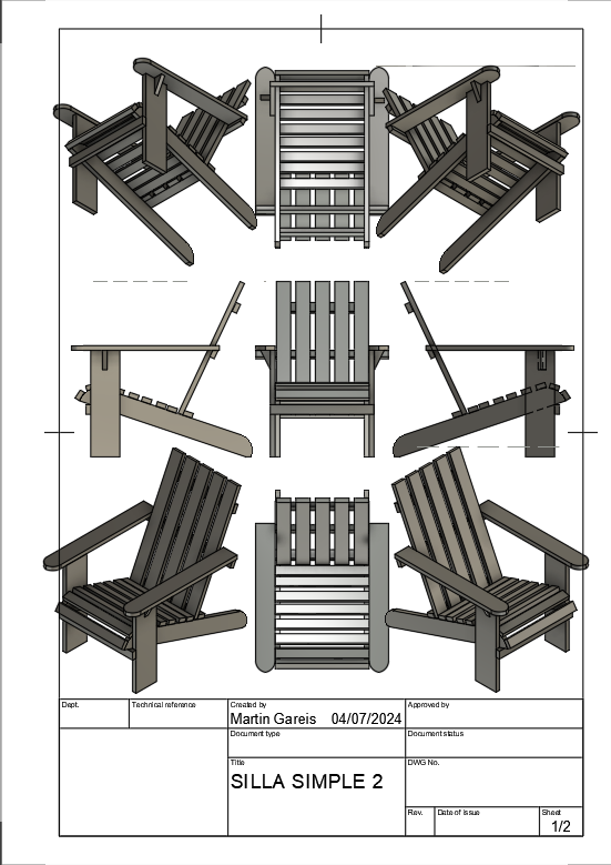 Plano con vistas frontal, lateral y en perspectiva de una silla minimalista de jardín