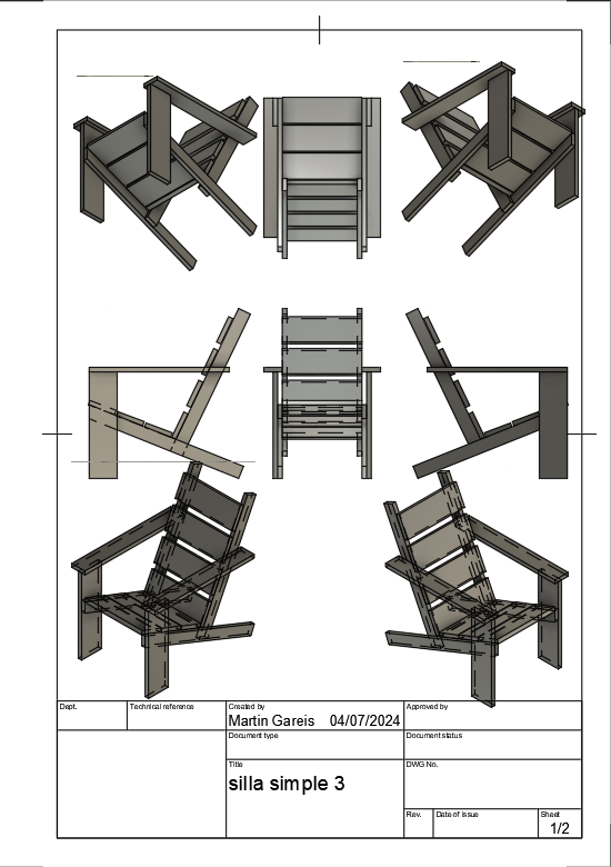 Plano con varias vistas de una silla sencilla de jardín diseñada por Martín Gareis
